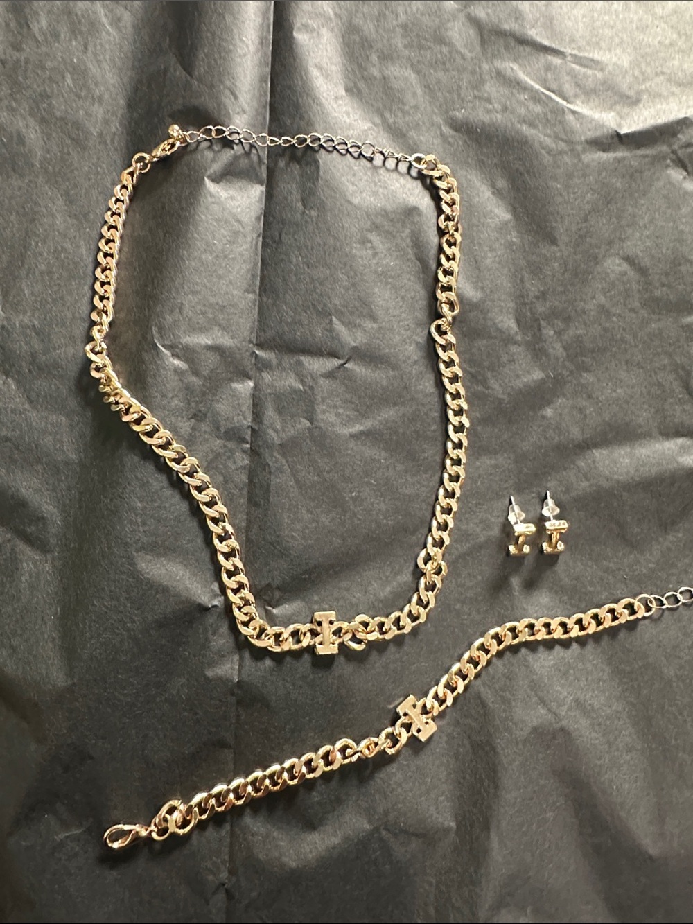 Gold Chain Necklace, Bracelet & Stud Earring Set - Women's Jewelry “letter i “